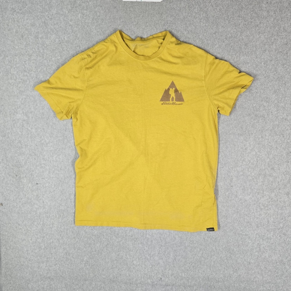 Eddie Bauer Men Shirt M Yellow Graphic Hiker Mountain Logo Short Sleeve Tee